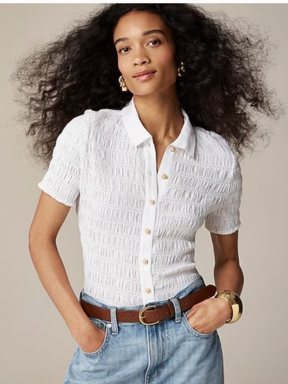 J. Crew White Smocked Short-Sleeve Button-Down Top